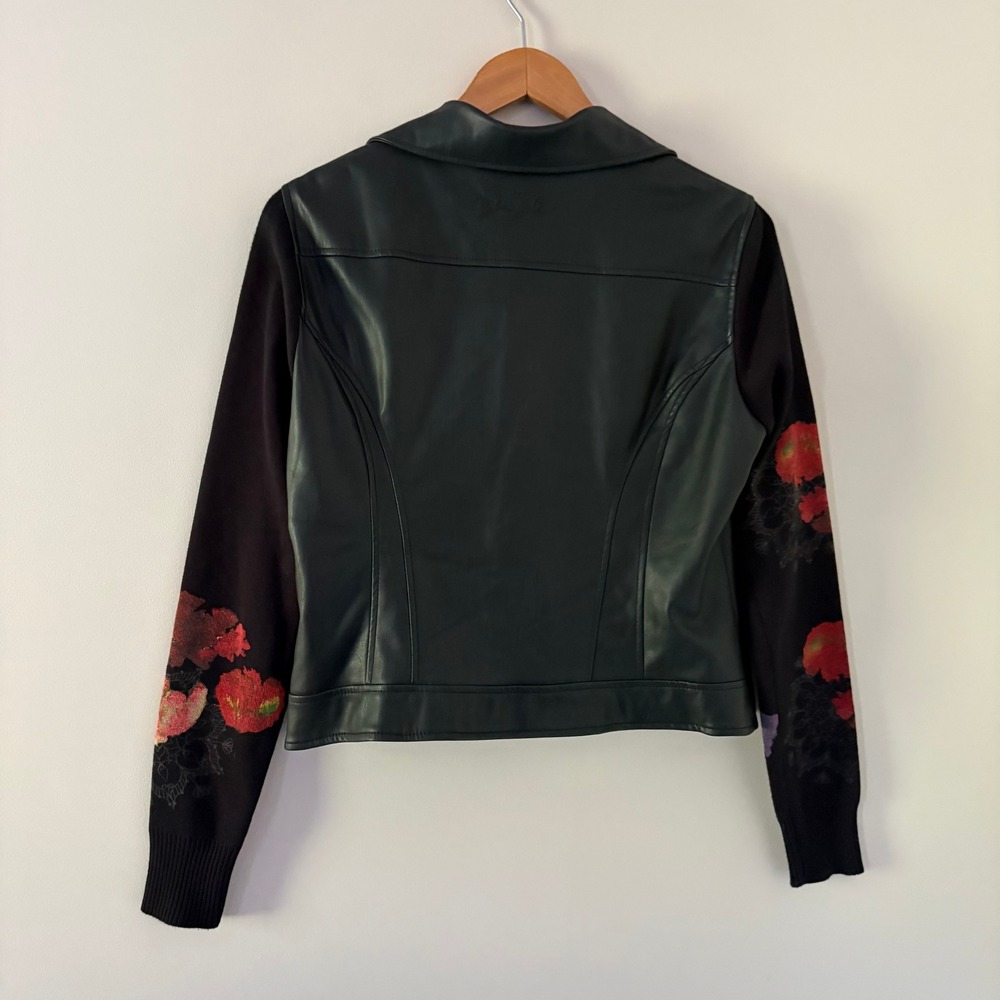 Desigual Moto Jacket 42 Black Floral Knit Sleeve Mixed Media Biker - Picture 6 of 16